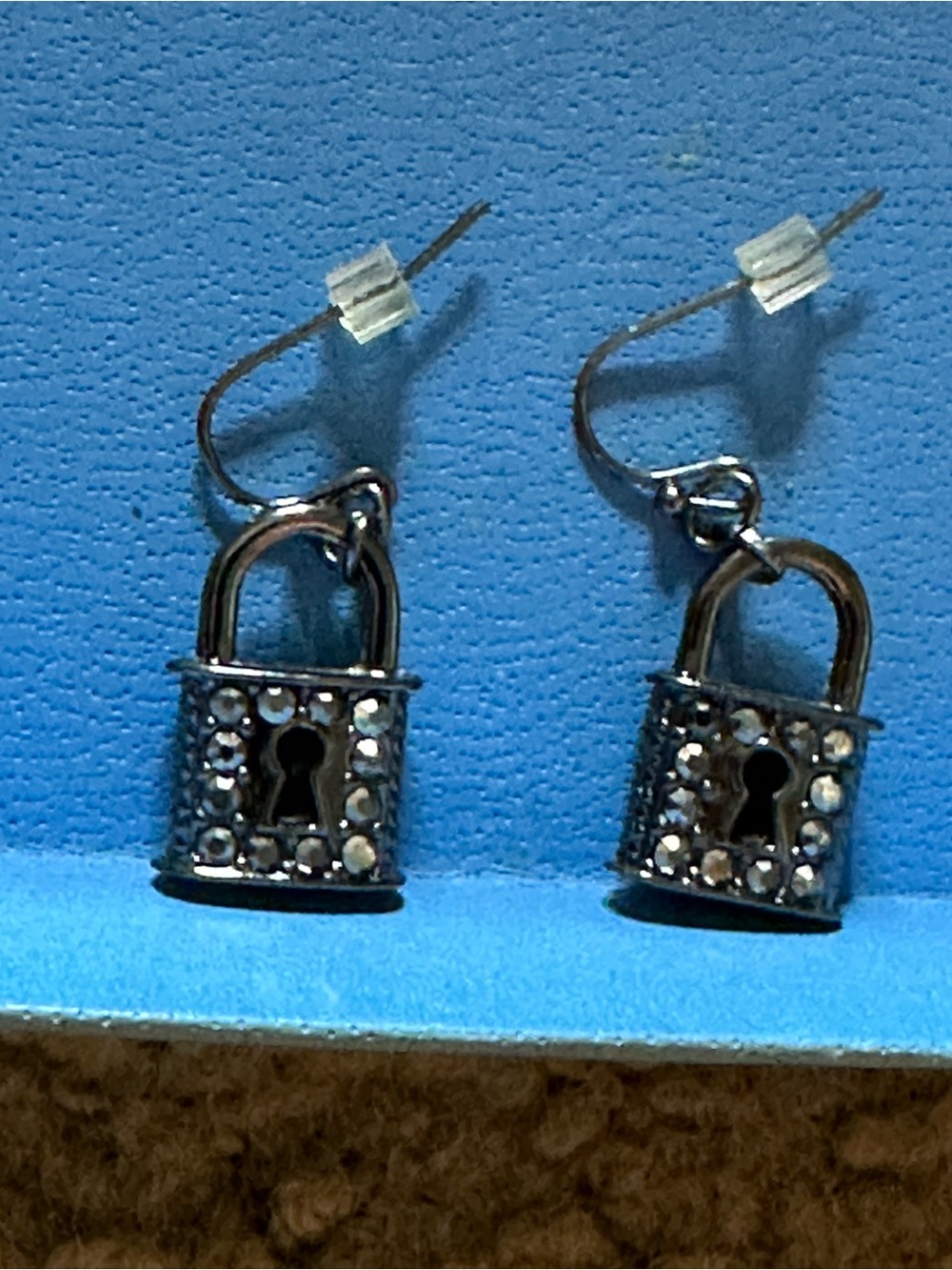 LANE BRYANT NEW Silver Tone Black Finish Padlock Dangle Earrings Crystal Accents